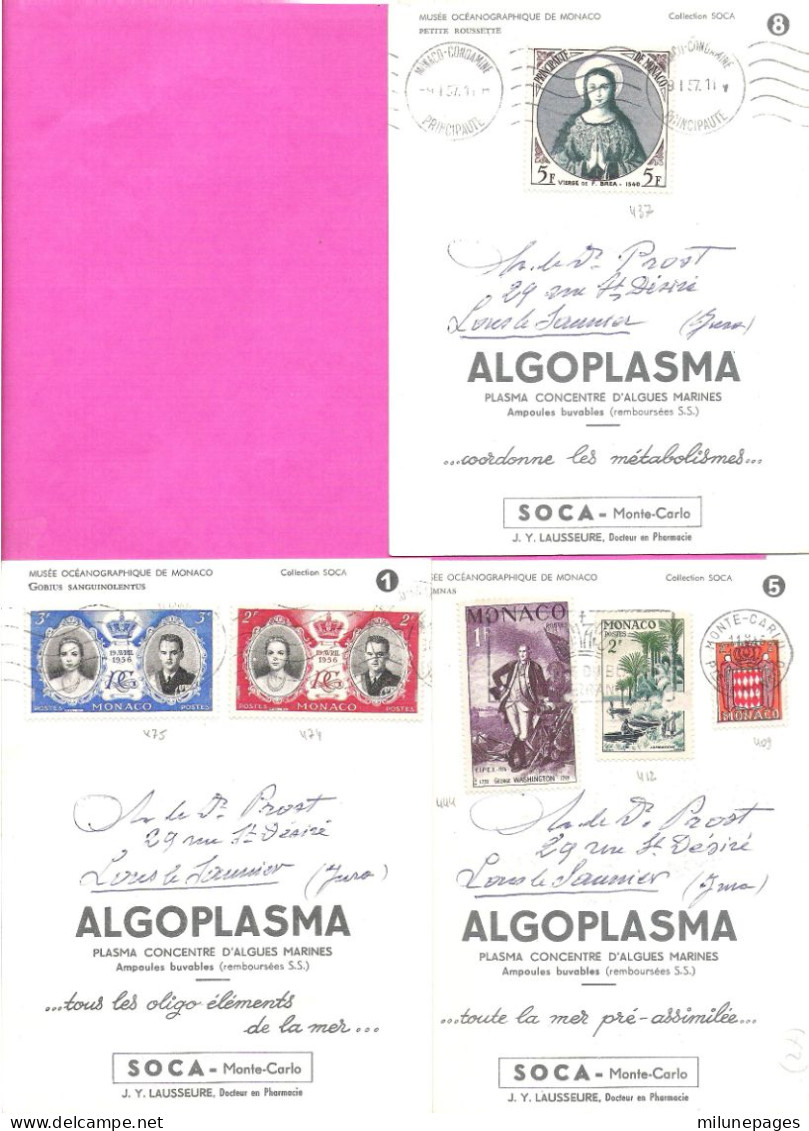 Lot 7 Cartes Publicitaires Laboratoire SOCA Monte-Carlo Poissons Illustrées Par Camia + Beaux Timbres De Monaco 1956 - Ozeanographisches Museum