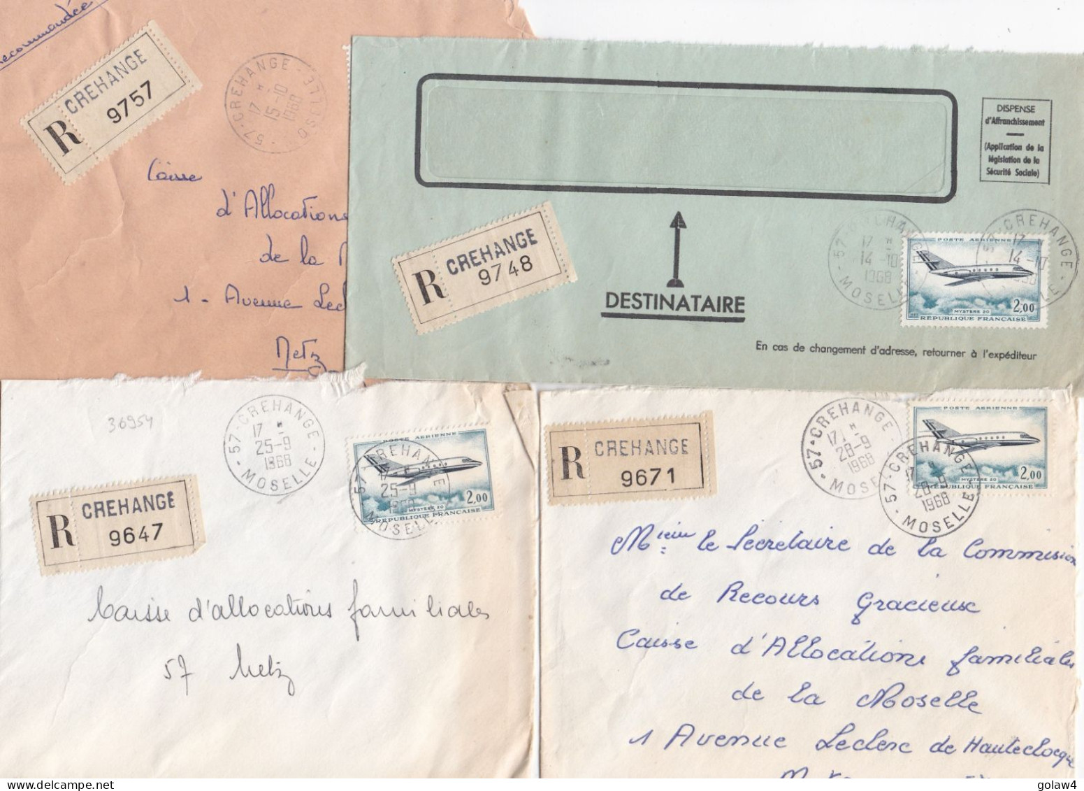 36954# LOT 4 LETTRES FRANCHISE PARTIELLE RECOMMANDE Obl CREHANGE MOSELLE 1968 Pour METZ 57 - Covers & Documents