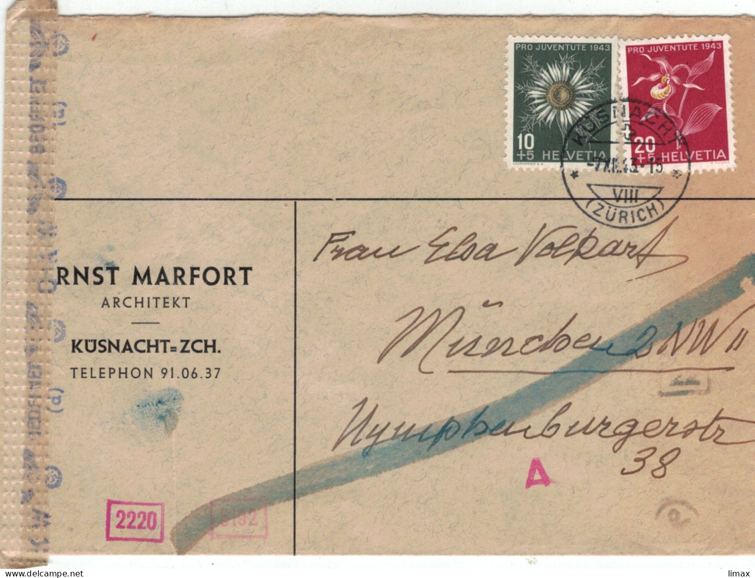 Ernst Marfort Küsnacht Architekt 1943 > Volkart München - Chemische Zensur OKW - Frauenschuh Silberdistel - Briefe U. Dokumente
