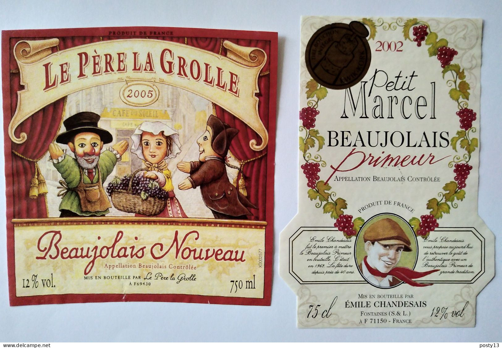 Beaujolais - 2 Étiquettes - Le Père La Grolle ( Guignol ) & Petit Marcel - 2002/2005 TBE - Beaujolais
