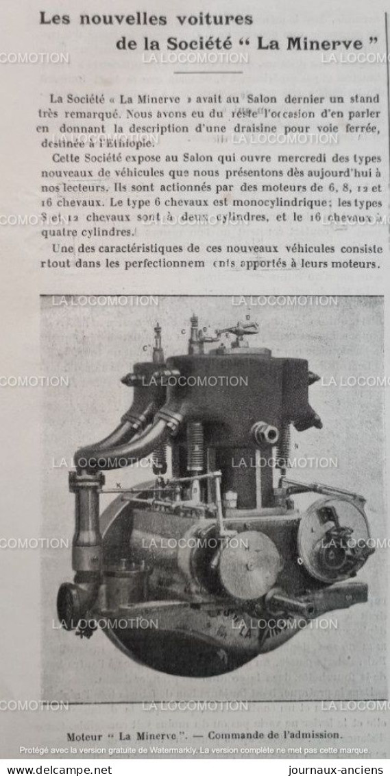 1902 RARE Revue " LA LOCOMOTION " - LES NOUVELLES VOITURES DE LA SOCIÉTÉ " LA MINERVE " - 1900 - 1949