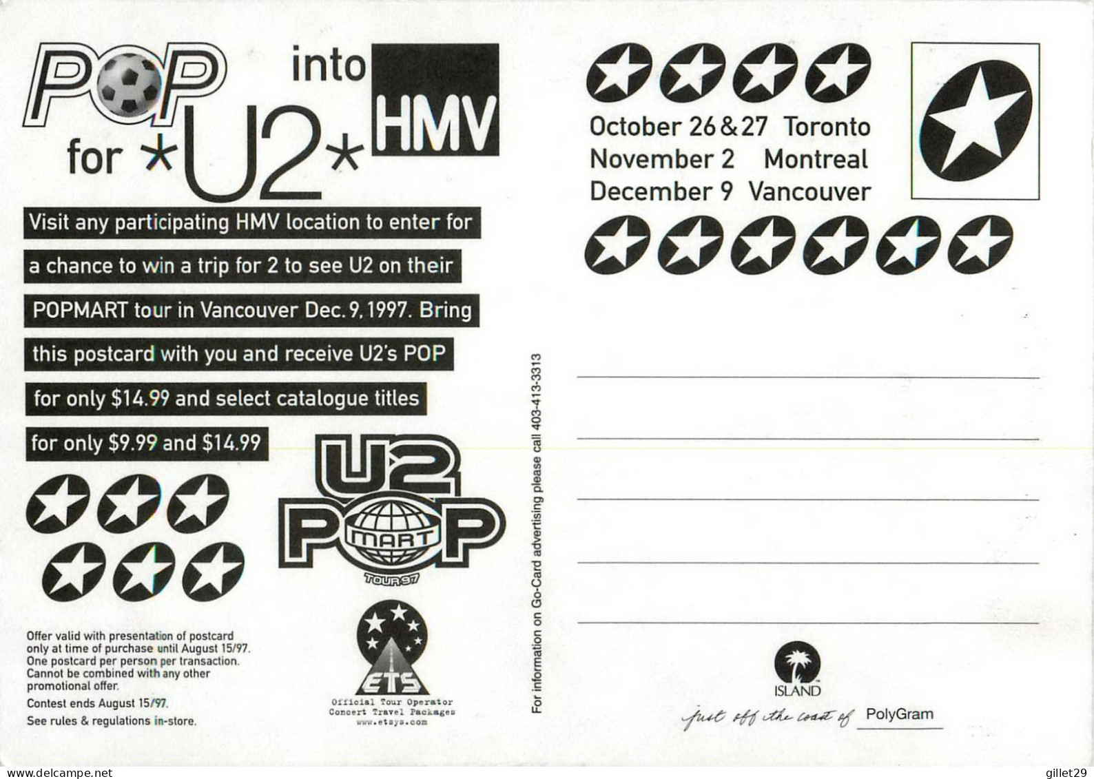 PUBLICITÉ - ADVERTISING - POP FOR U2 - HMV LOCATION TO ENTER - GO-CARD 1997 - - Werbepostkarten