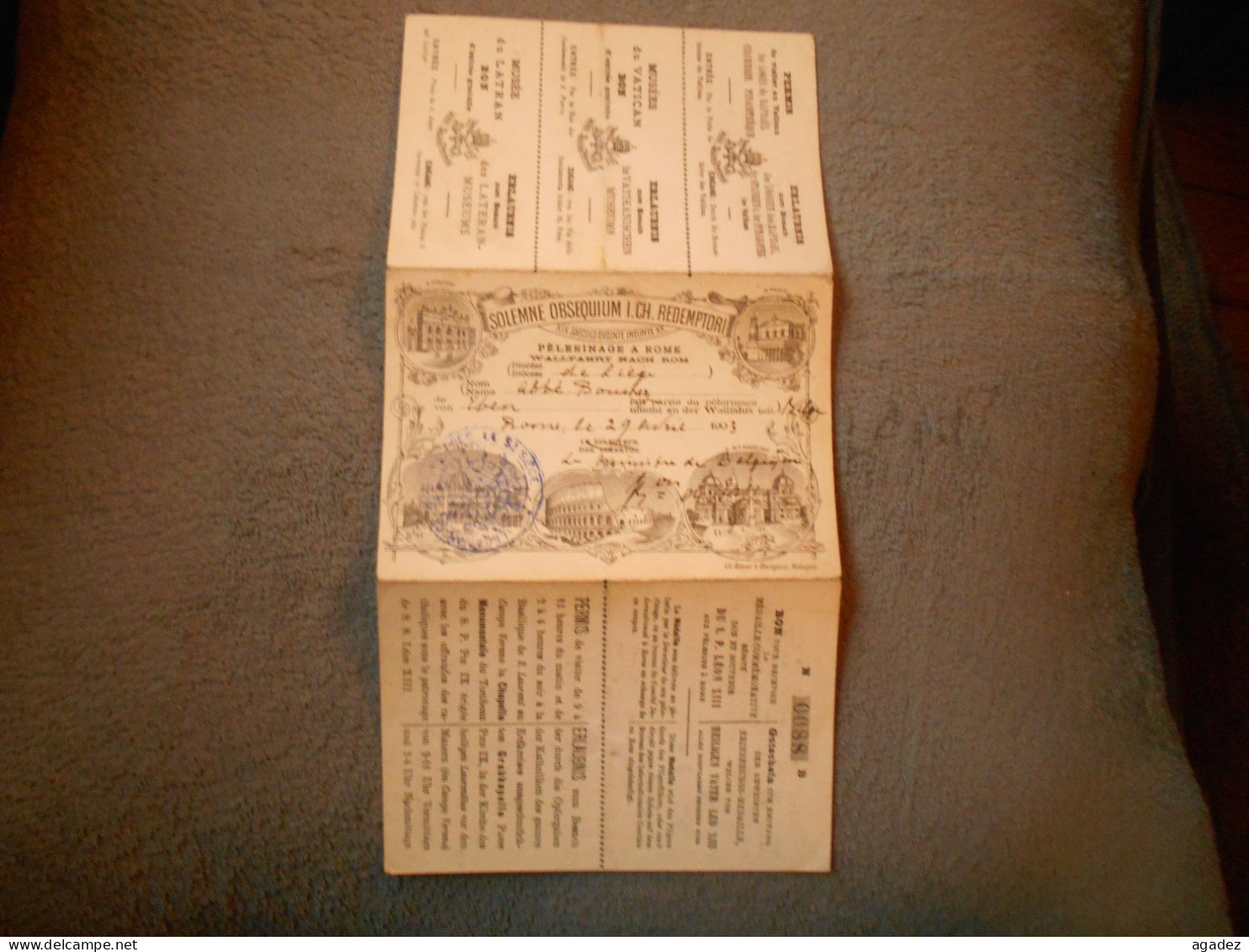 Carte De Pelerinage à Rome 1903 Diocèse De Liège Signature Du Ministre De Belgique Tres Rare - Tickets D'entrée