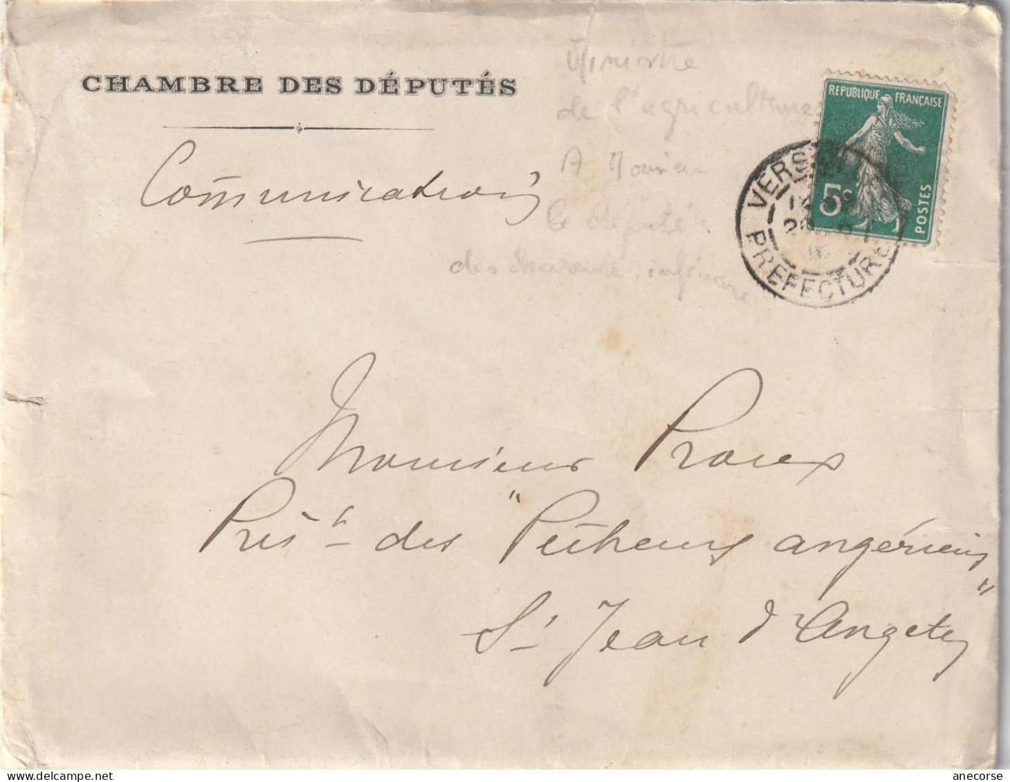 Lettre Chambre Des Députés Courrier Ministre De L'Agricuture En 1910 Au Député De La Charente Inférieur - Collections