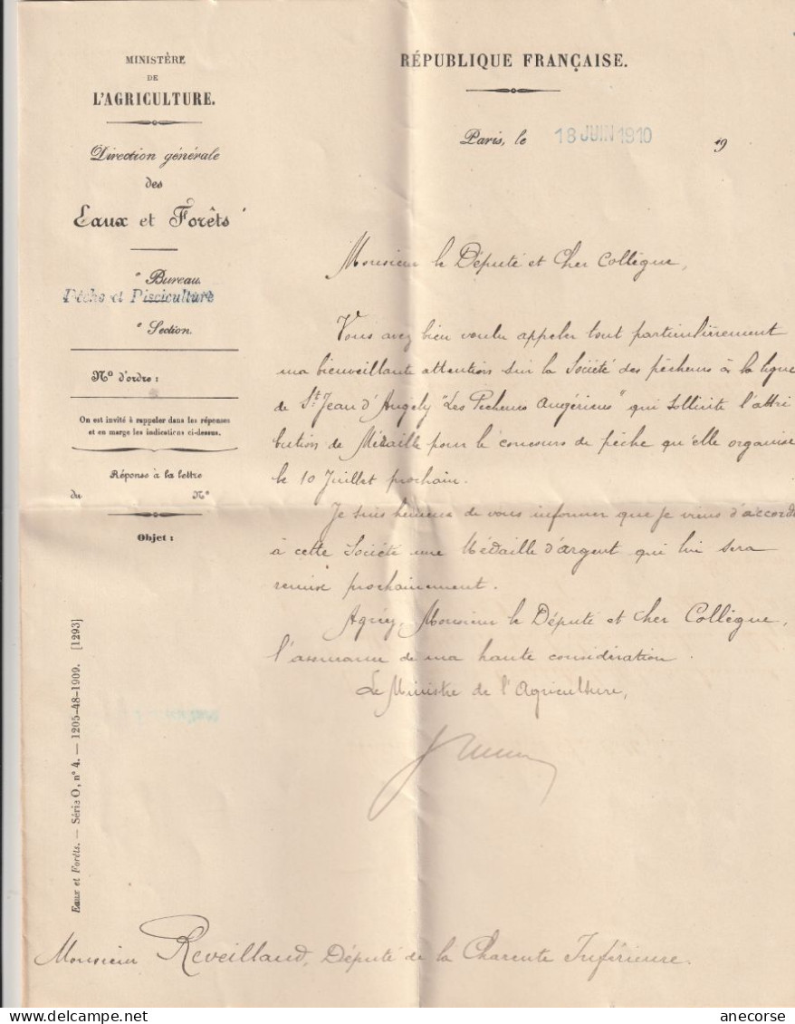 Lettre Chambre Des Députés Courrier Ministre De L'Agricuture En 1910 Au Député De La Charente Inférieur - Collezioni