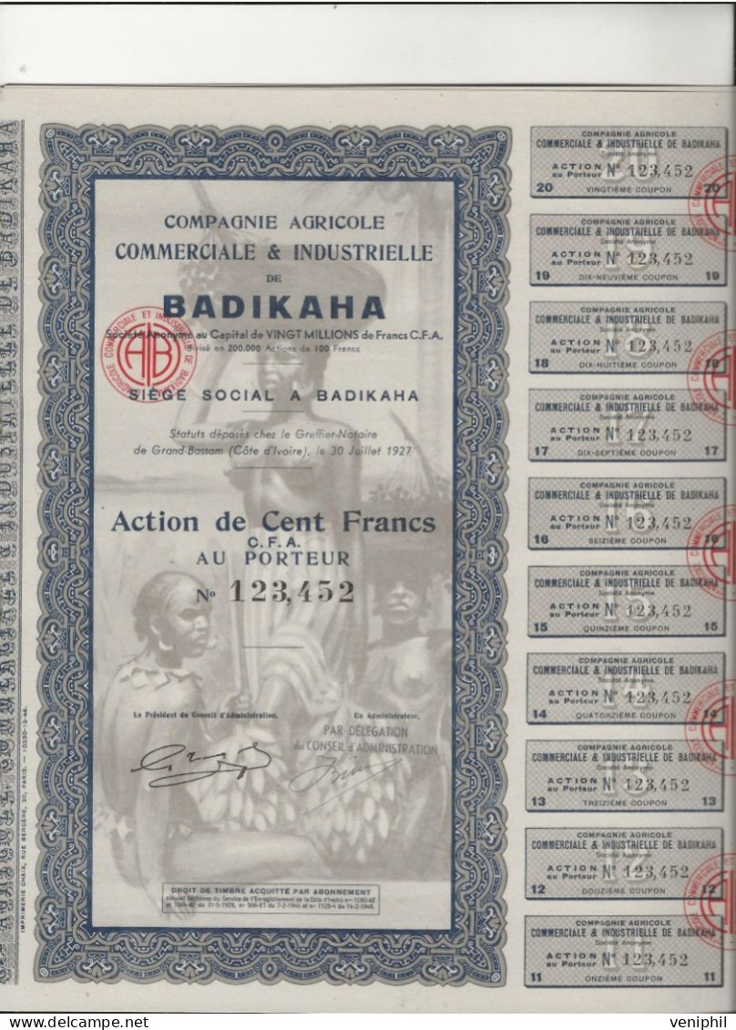 COMPAGNIE AGRICOLE COMMERCIALE ET INDUSTRIELLE  DU BADIKAHA -COTE D'IVOIRE LOT DE 10 ACTIONS DE 100 FRS C.F.A.ANNEE 1927 - Casino'