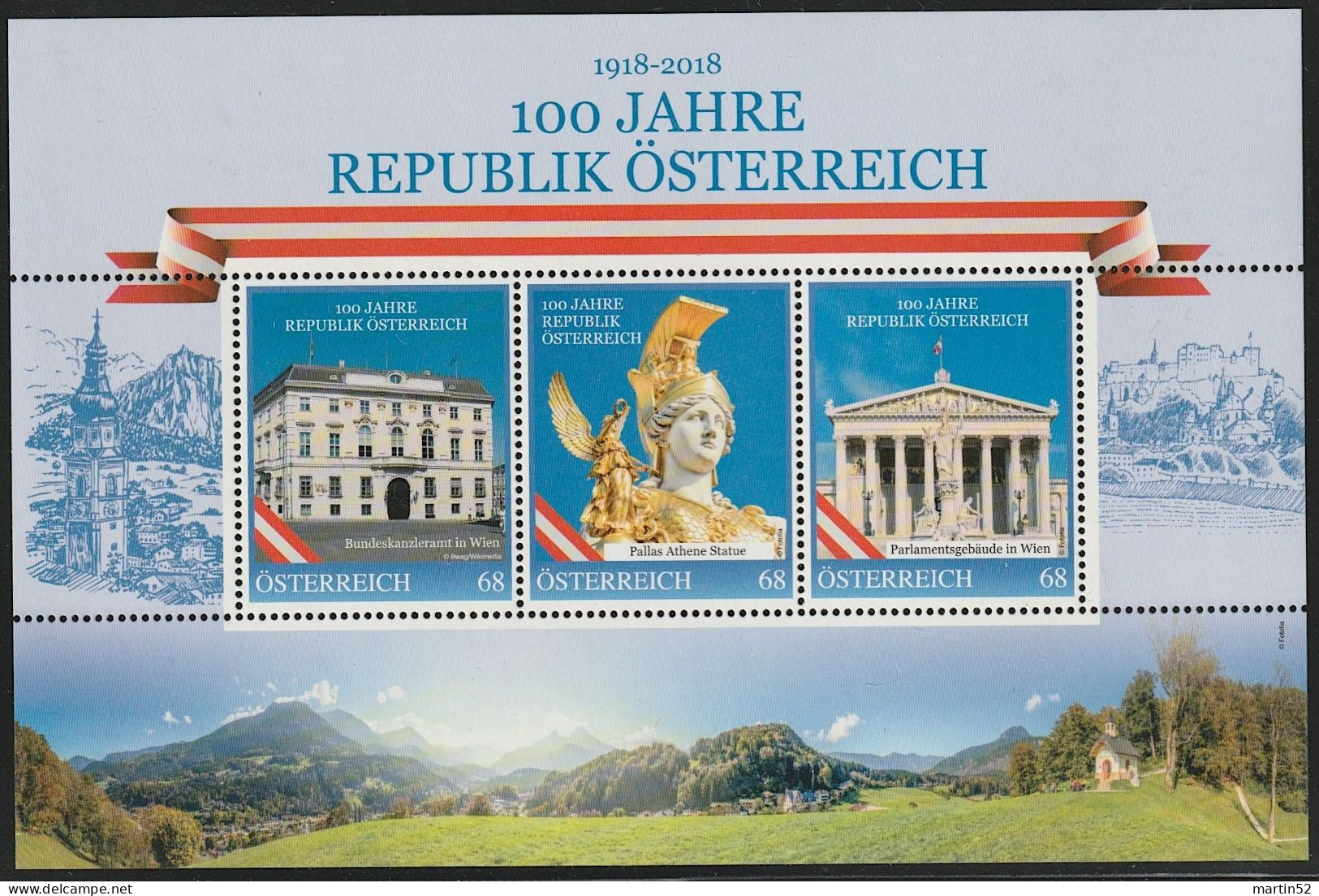 Austria Autriche Österreich 2018: 100 JAHRE REPUBLIK ÖSTERREICH (Privat-Block Mit 3x68c) POSTGÜLTIG VALABLE VALID - Personnalized Stamps