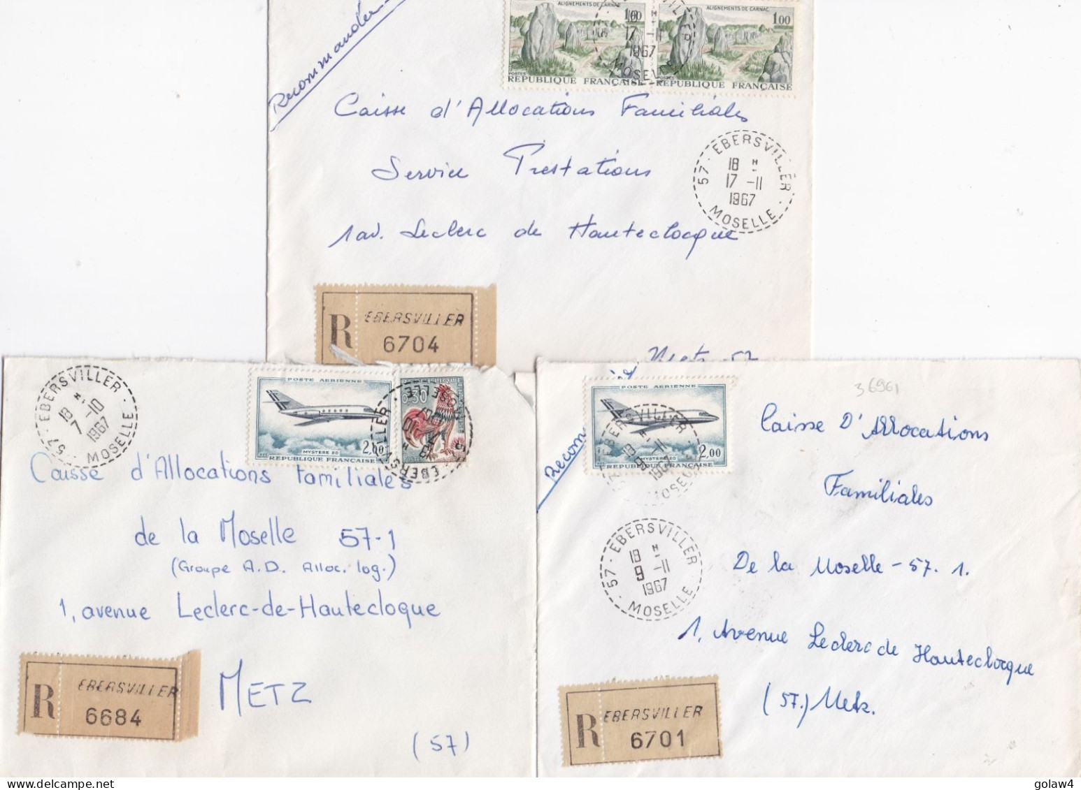 36961# LOT 3 LETTRES FRANCHISE PARTIELLE RECOMMANDE Obl EBERSVILLER MOSELLE 1967 Pour METZ 57 - Covers & Documents