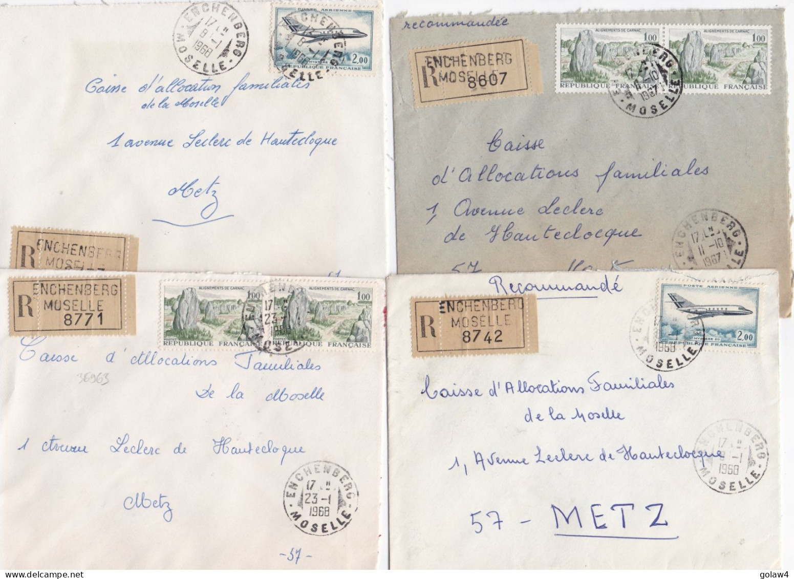 36962# LOT 7 LETTRES FRANCHISE PARTIELLE RECOMMANDE Obl ENCHENBERG MOSELLE 1967 1968 Pour METZ 57 - Cartas & Documentos