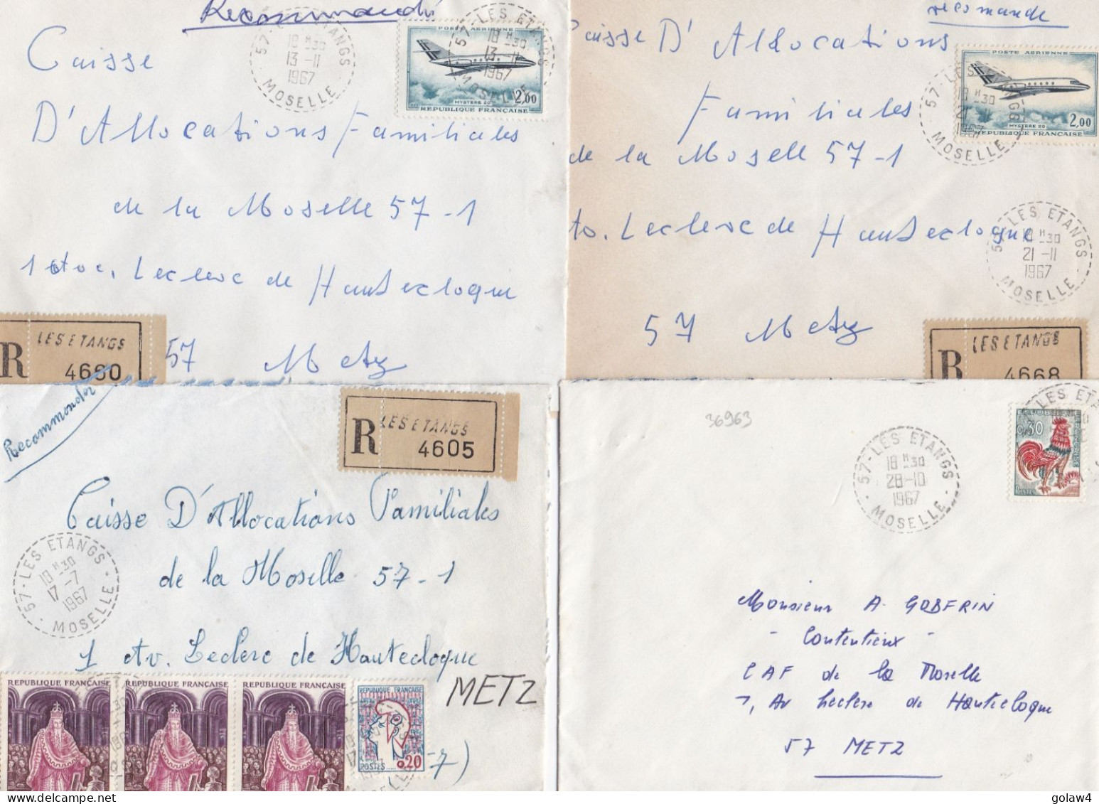 36963# LOT 4 LETTRES FRANCHISE PARTIELLE RECOMMANDE Obl LES ETANGS MOSELLE 1967 Pour METZ 57 - Cartas & Documentos