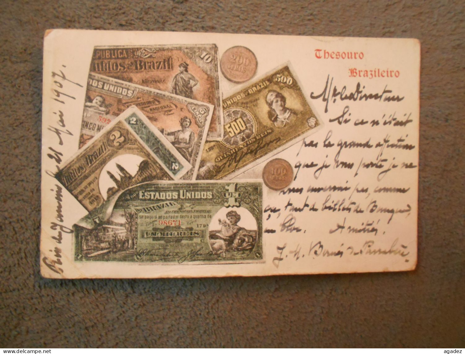 Cpa Reproduction Billets De Banques Et Monnaies Thesouro Brazilero  1907 Envoyée Au Directeur Du Credit Lyonnais Tarbes - Autres