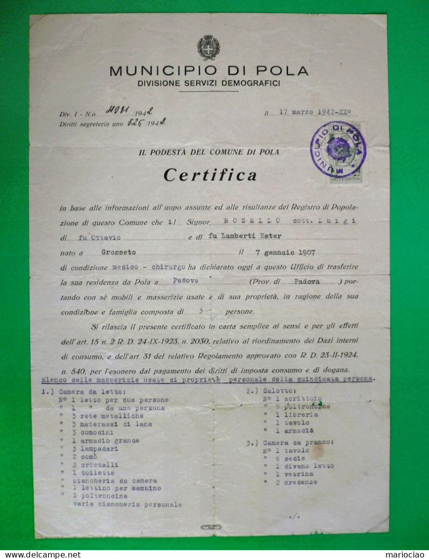 D-IT PNF Regno D'Italia 1942 Municipio Di Pola - Certificato Trasferimento Residenza A Padova - Historische Documenten