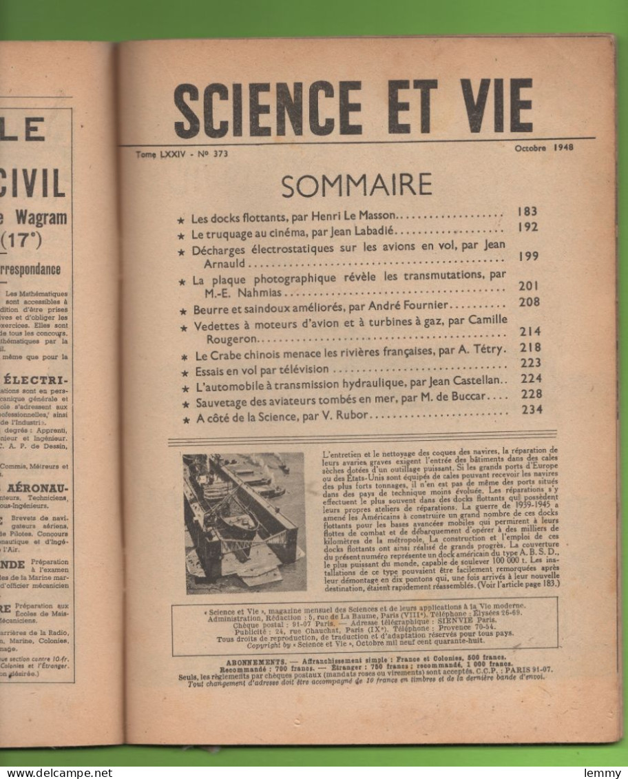 SCIENCE & VIE - N°373 - OCT.1948 - Voir SOMMAIRE - DOCKS FLOTTANTS,  TURBINES à GAZ... Nombreuses Publicités - 1900 - 1949