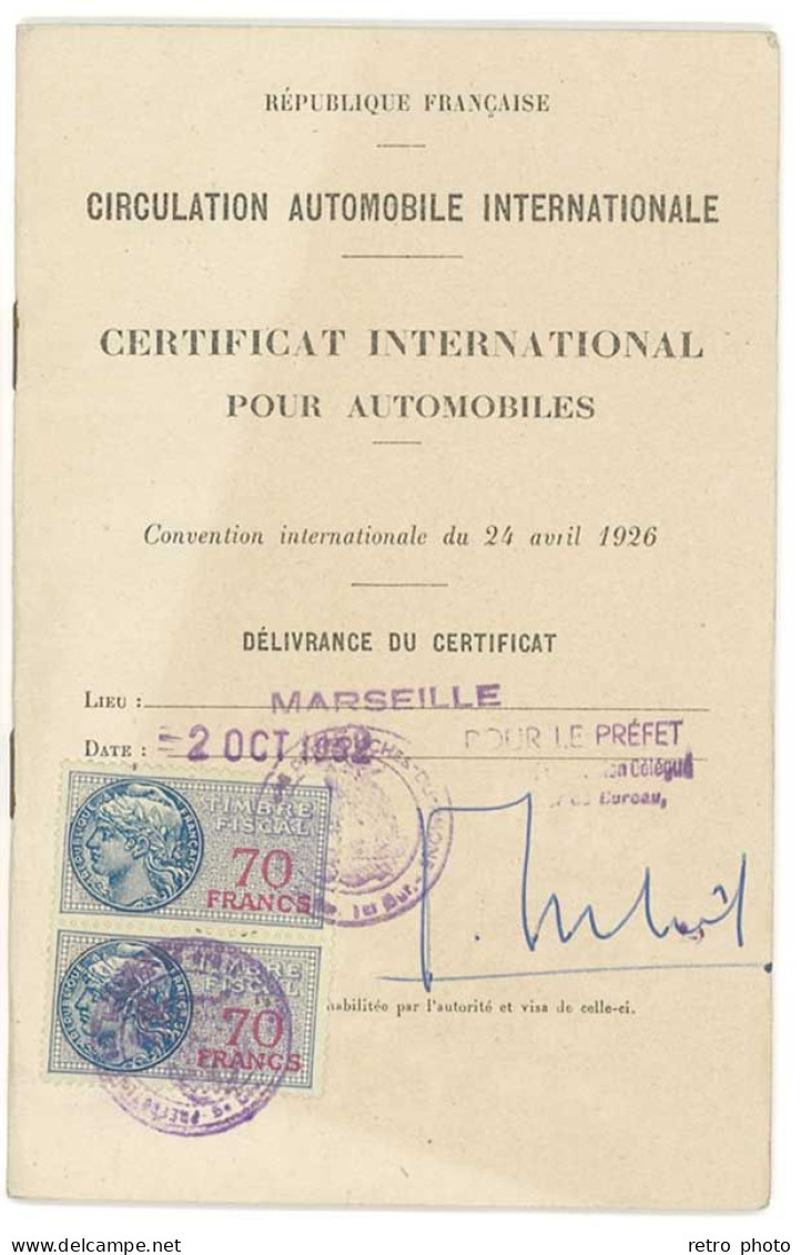 Livret Certificat International Pour Automobiles, 1952, Marseille - Non Classés