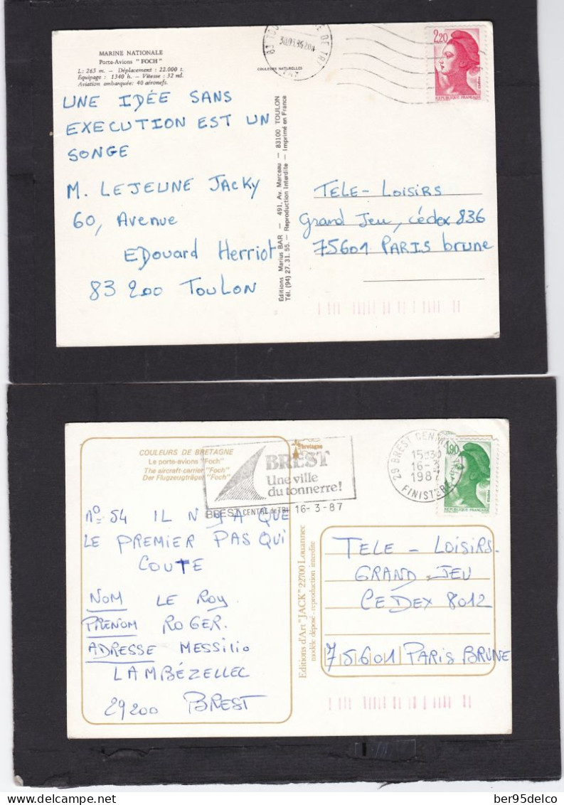 PORTE-AVIONS FOCH LOT De CINQ CARTES POSTALES AYANT VOYAGEES (Scans Recto Verso) + 2 AUTRES C.P. - Commemorative Postmarks