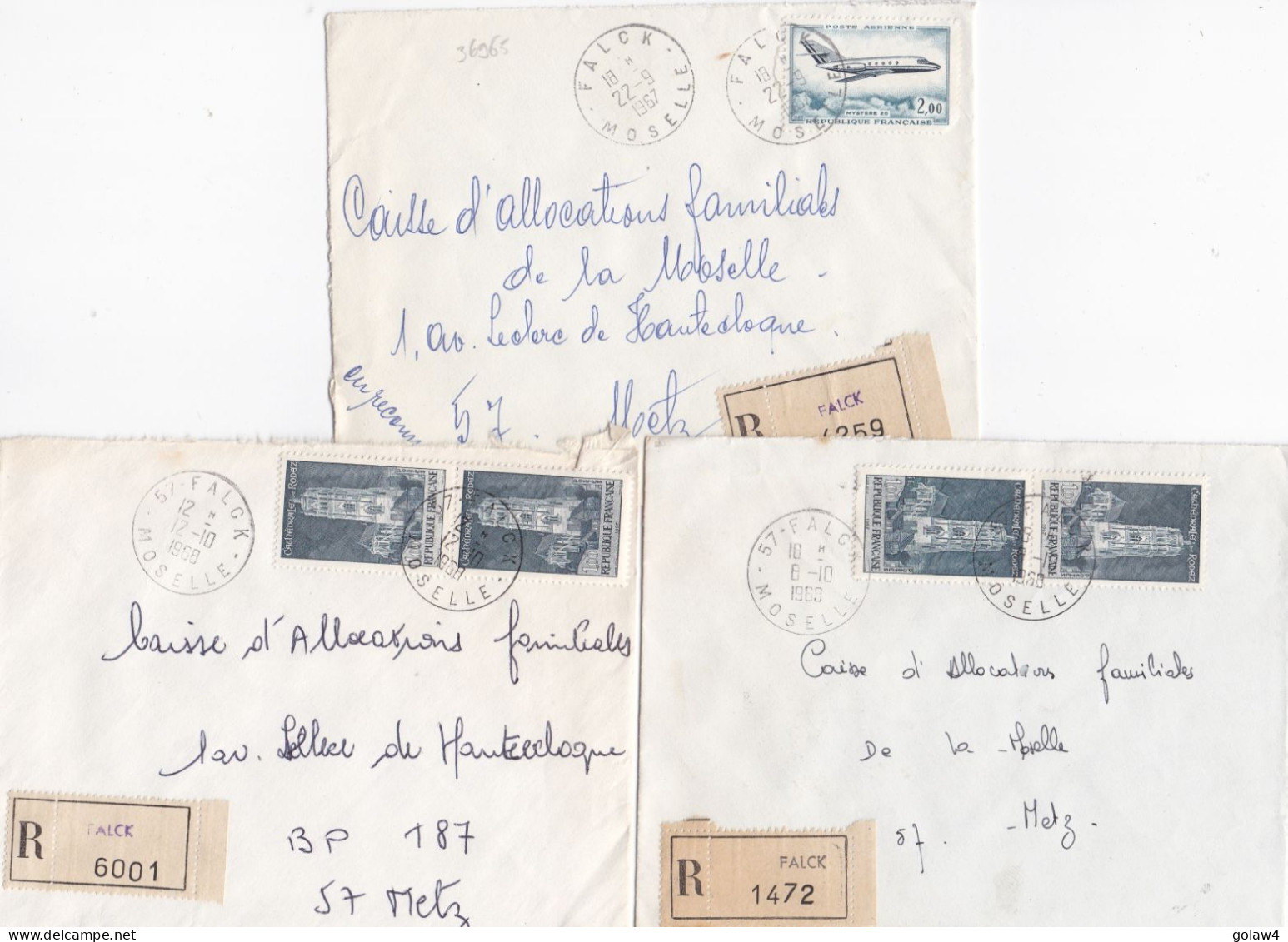 36965# LOT 3 LETTRES FRANCHISE PARTIELLE RECOMMANDE Obl FALCK MOSELLE 1967 1968 Pour METZ 57 - Cartas & Documentos