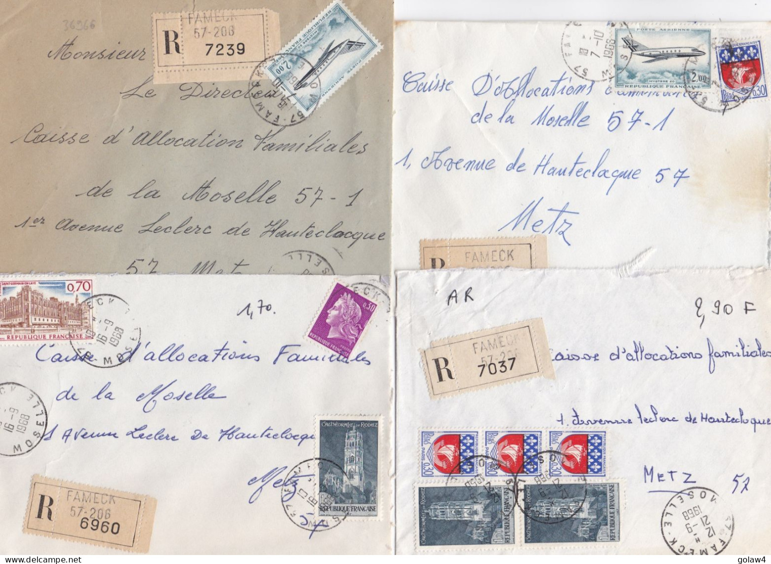 36966# LOT 7 LETTRES FRANCHISE PARTIELLE RECOMMANDE Obl FAMECK MOSELLE 1967 1968 Pour METZ 57 - Covers & Documents