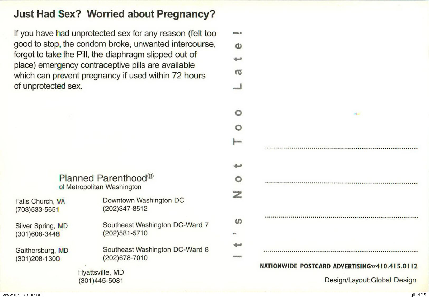 PUBLICITÉ - ADVERTISING - JUST HAD SEX ? WORRIED ABOUT PREGNANCY ? - WASHINGTON DC - - Werbepostkarten