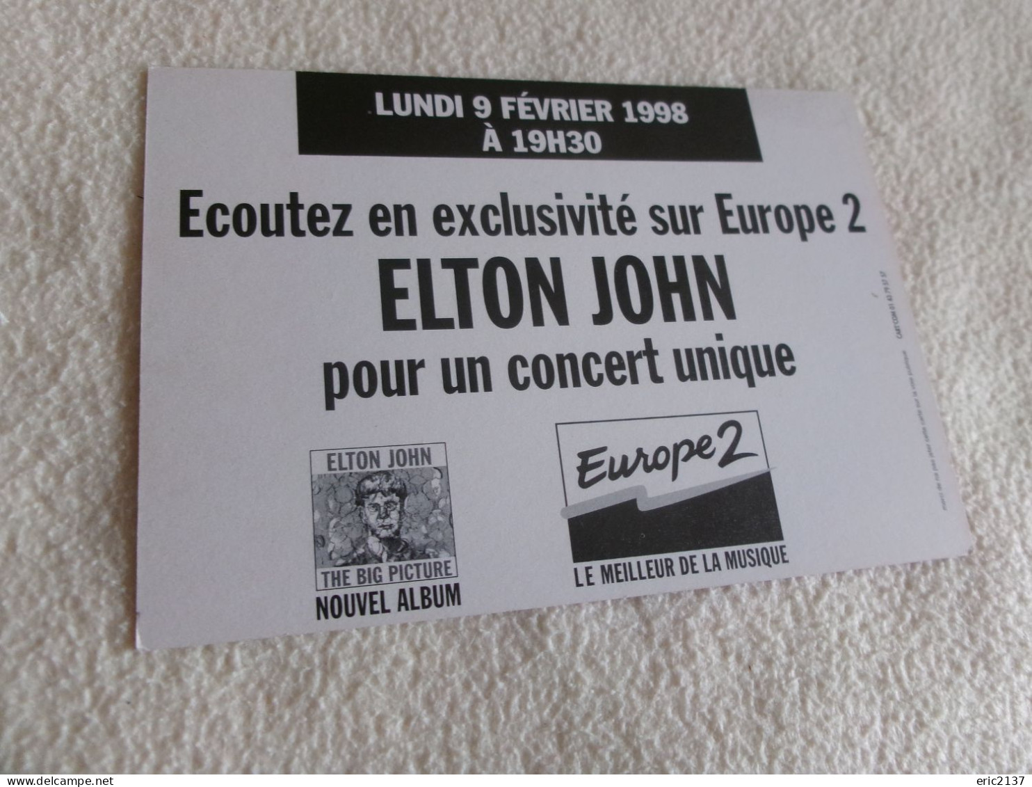 BELLE CARTE..."ELTON JOHN SUR EUROPE 2 ...EN 1998..ALBUM THE BIG PICTURE".. - Music And Musicians