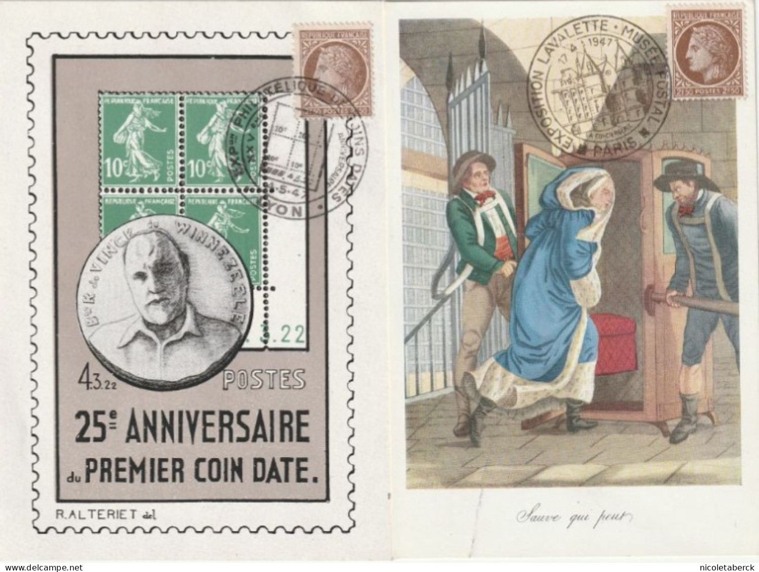 Cérès De Mazelin,1 Carte De Alteriet  Avec Vignette Au Verso + Carte Du Musée Postal 17/4/47 Expo Lavalette. - 1945-47 Ceres De Mazelin