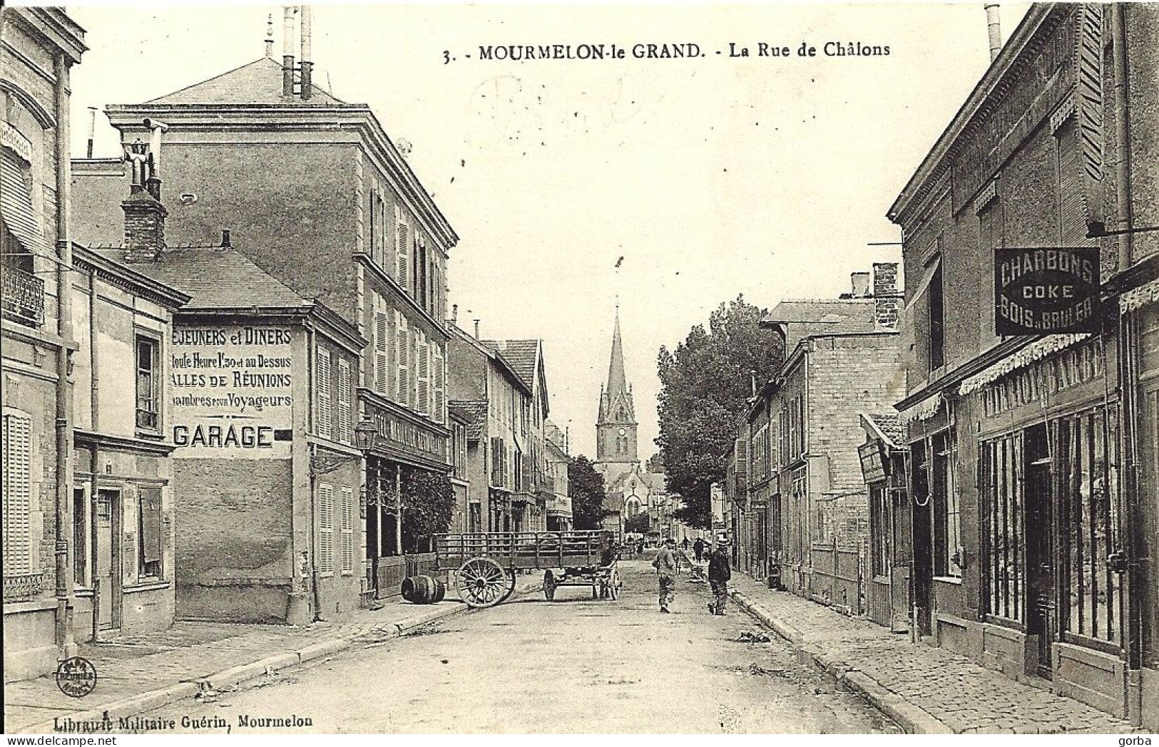 *CPA - 51 MOURMELON Le GRAND La Rue De Châlon - Animée, Commerces, Hôtel - Charrette - Mourmelon Le Grand