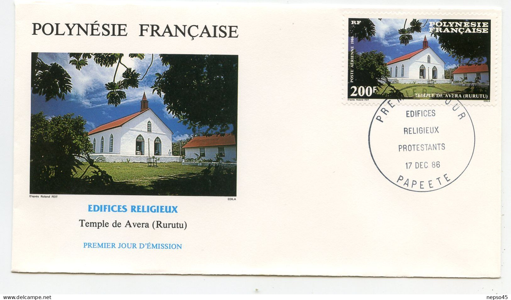 Enveloppe Timbres Premier Jour D'émission 17 Dec 86.temple De Avera ( Rurutu ) Edifice Religieux,Polynésie Française - Altri & Non Classificati