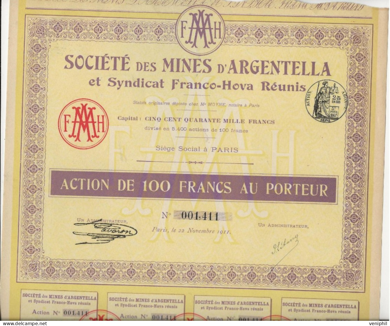 SOCIETE DES MINES D'ARGENTELLA  ET SYNDIC FRANCO-HOVA - MINES DE PLOMB ARGENTIFERE -HAUTE  CORSE 1911--LOT DE 18 ACTIONS - Mines