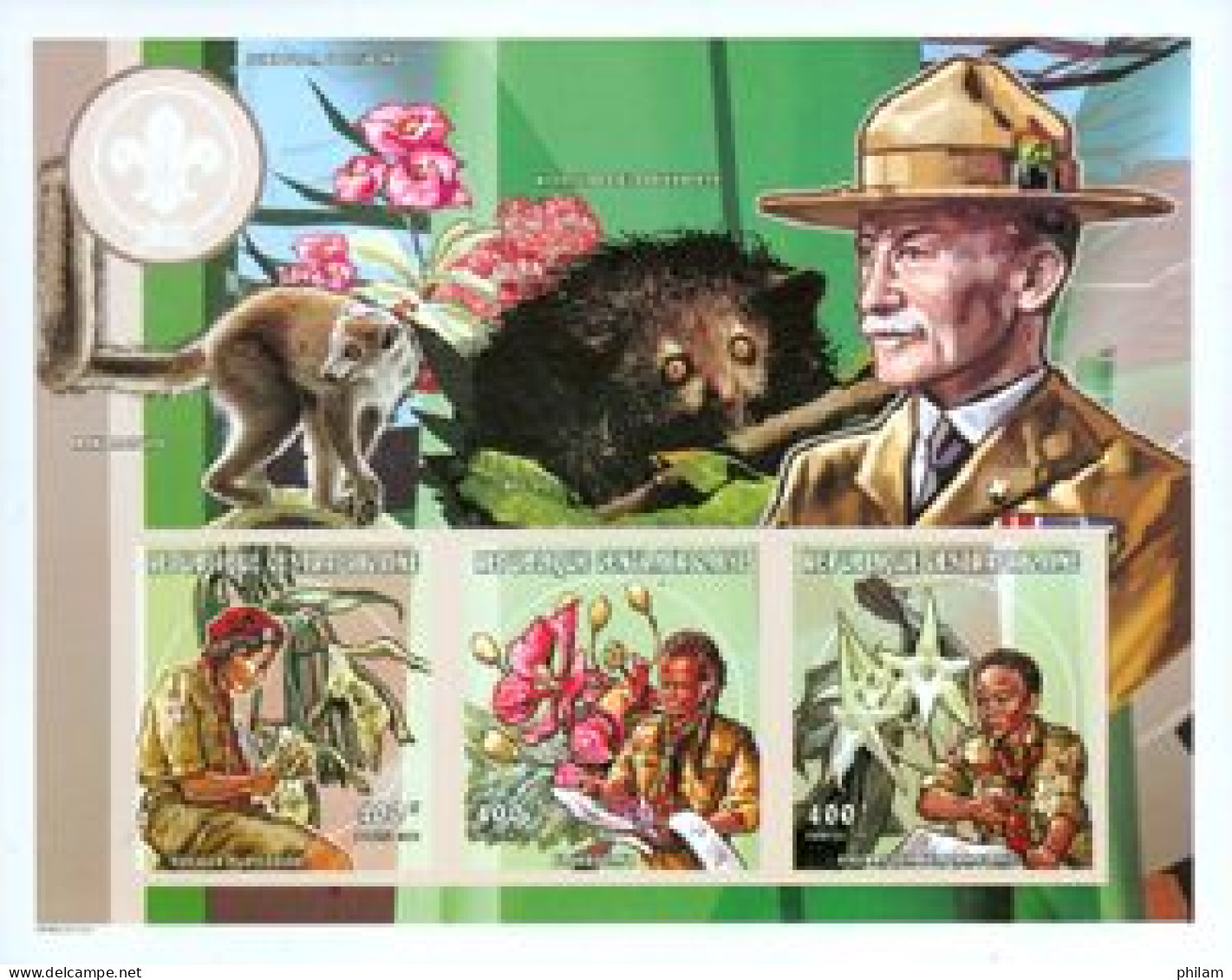 CENTRAFRIQUE 1998 -  Scouts, Fleurs Et Orchidées - Bloc Collectif Non Dentelé - Unused Stamps