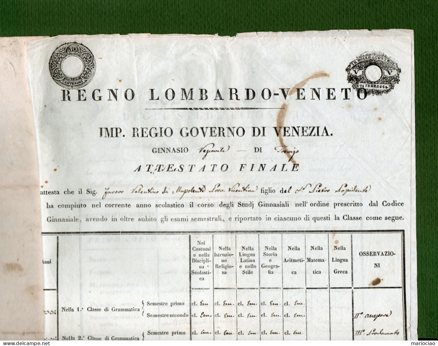 D-IT R. Lombardo Veneto 1833 Treviso - dossier con n.3 Attestati di studio