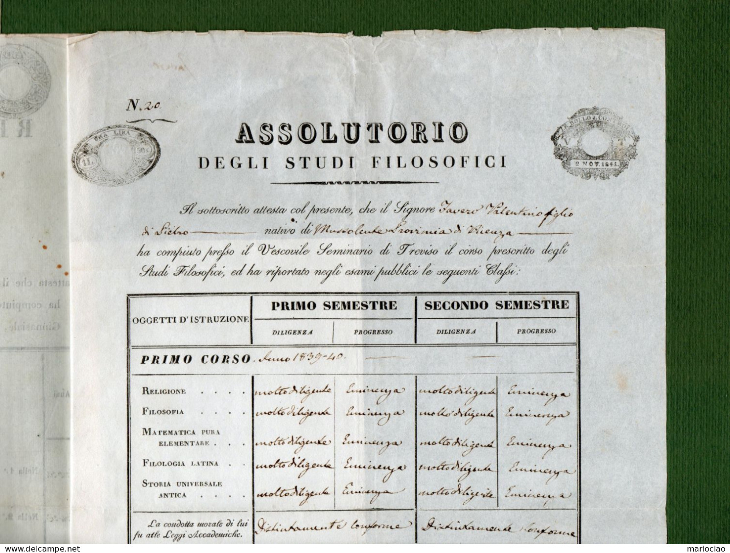 D-IT R. Lombardo Veneto 1833 Treviso - dossier con n.3 Attestati di studio