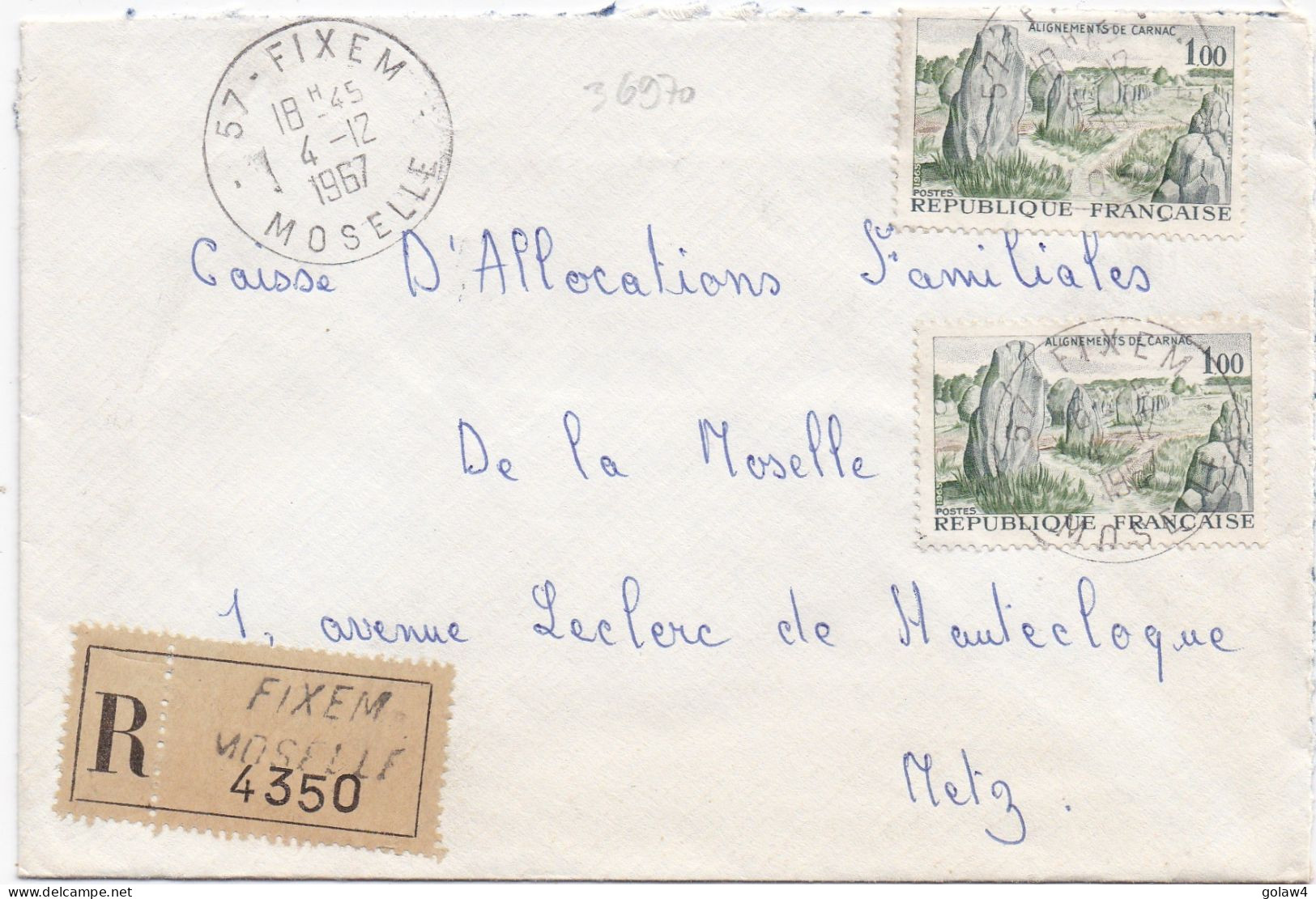 36970# LETTRE FRANCHISE PARTIELLE RECOMMANDE Obl FIXEM MOSELLE 1967 Pour METZ 57 - Briefe U. Dokumente