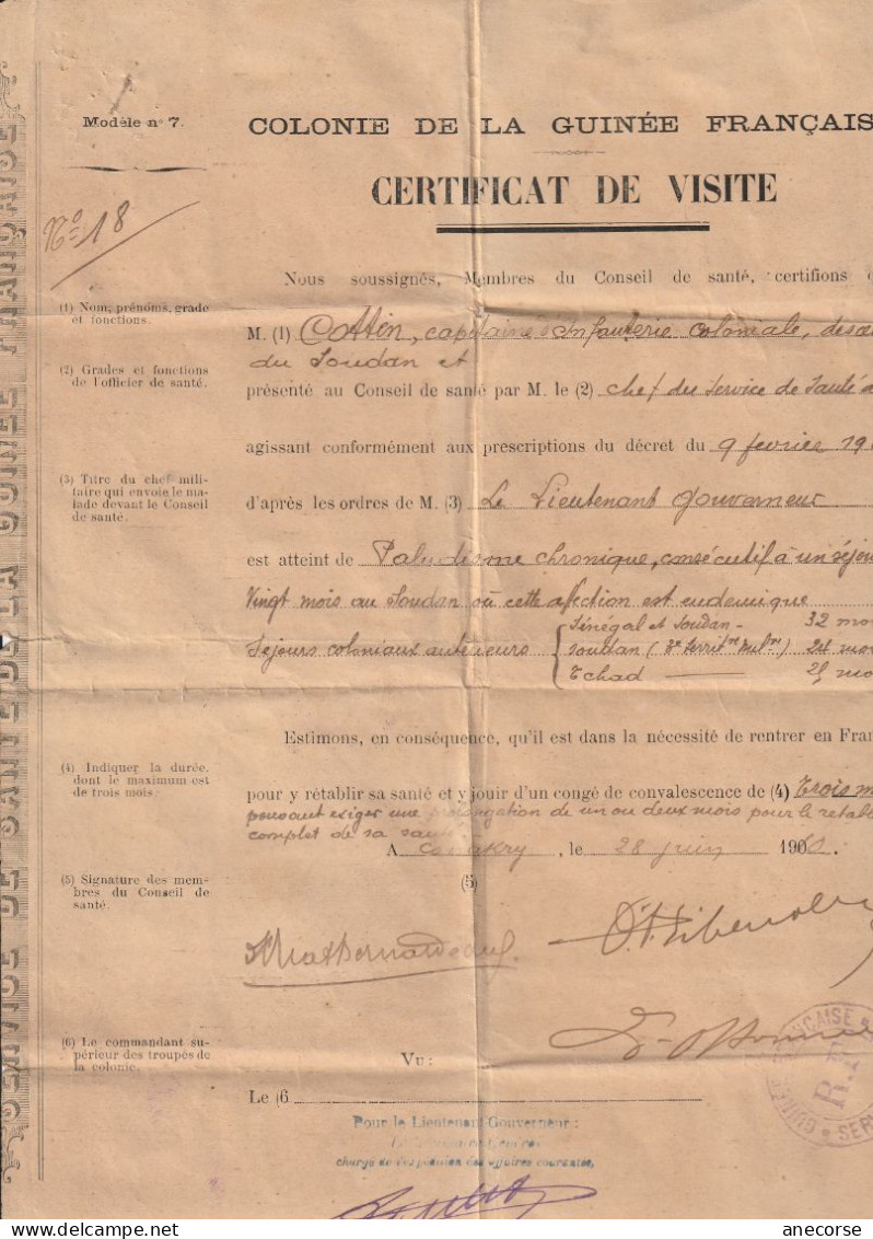 Certificat De Visite Colonie De La Guinée Française 1902 COTTEN Capitaine D Infanterie Coloniale - Documents