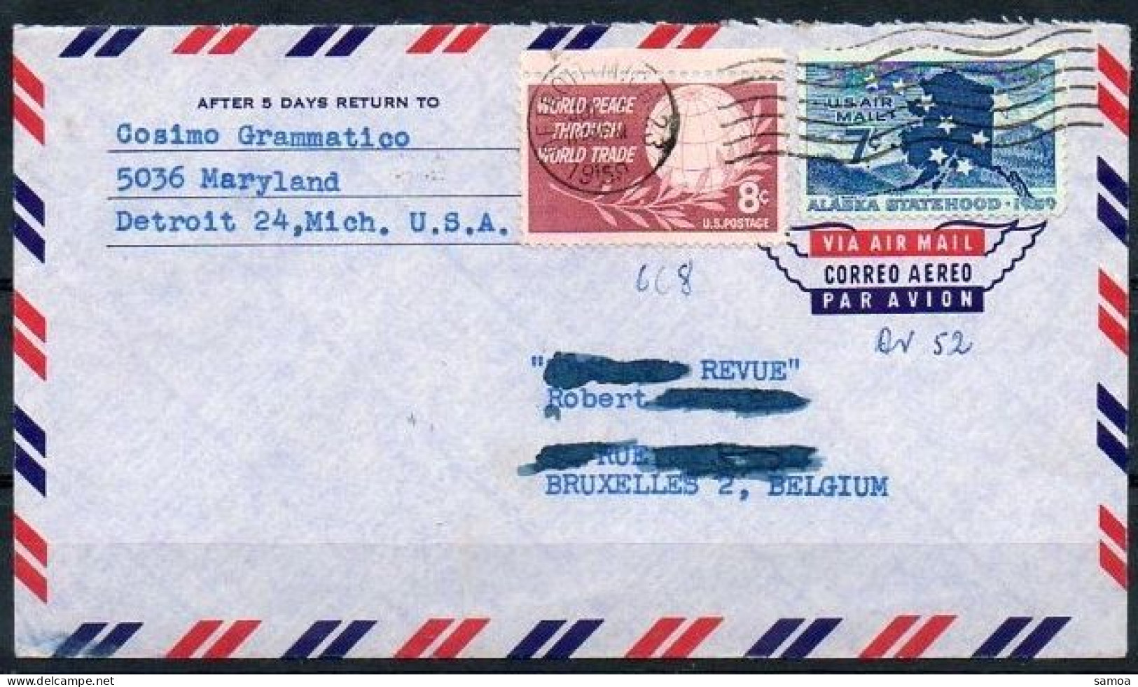 États-Unis Lettre 1959 668 PA 52 Maryland Vers Bruxelles Paix Commerce Mondial Indépendance Alaska - Covers & Documents