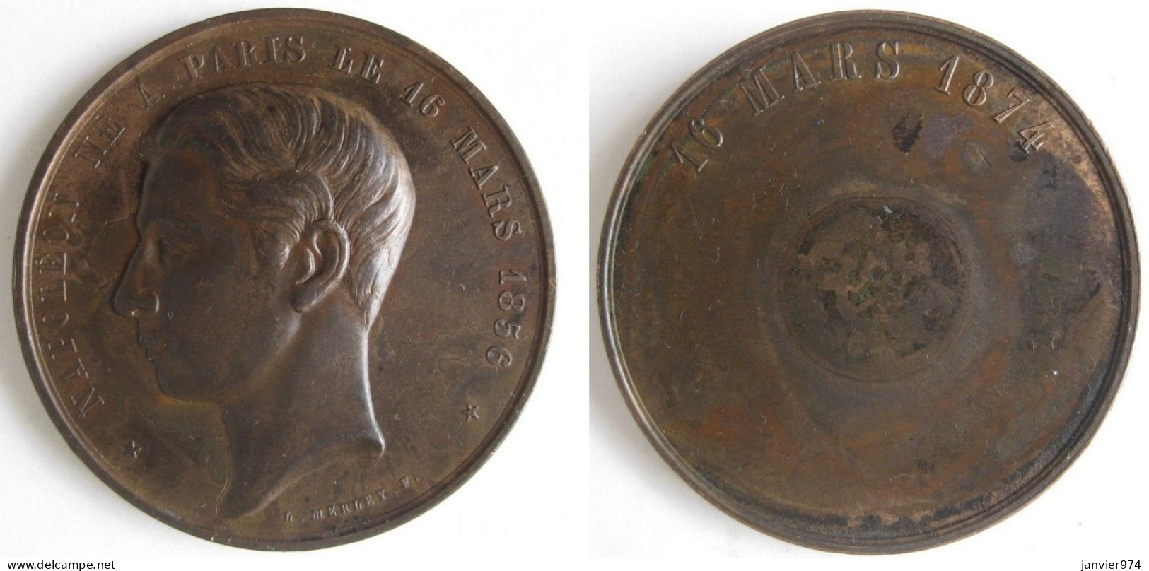 Médaille En Cuivre, Napoléon IV Napoléon Eugène Louis Jean Joseph Bonaparte , Pour Sa Majorité 1874, Par MERLEY - Royaux / De Noblesse
