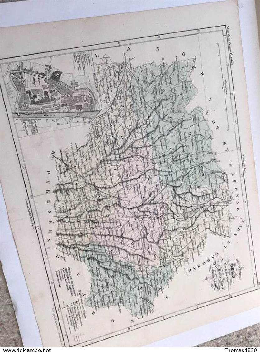Carte Du Gers / Gravure Originale / Circa 1880 : 37 Cm X 28 Cm - Geographische Kaarten