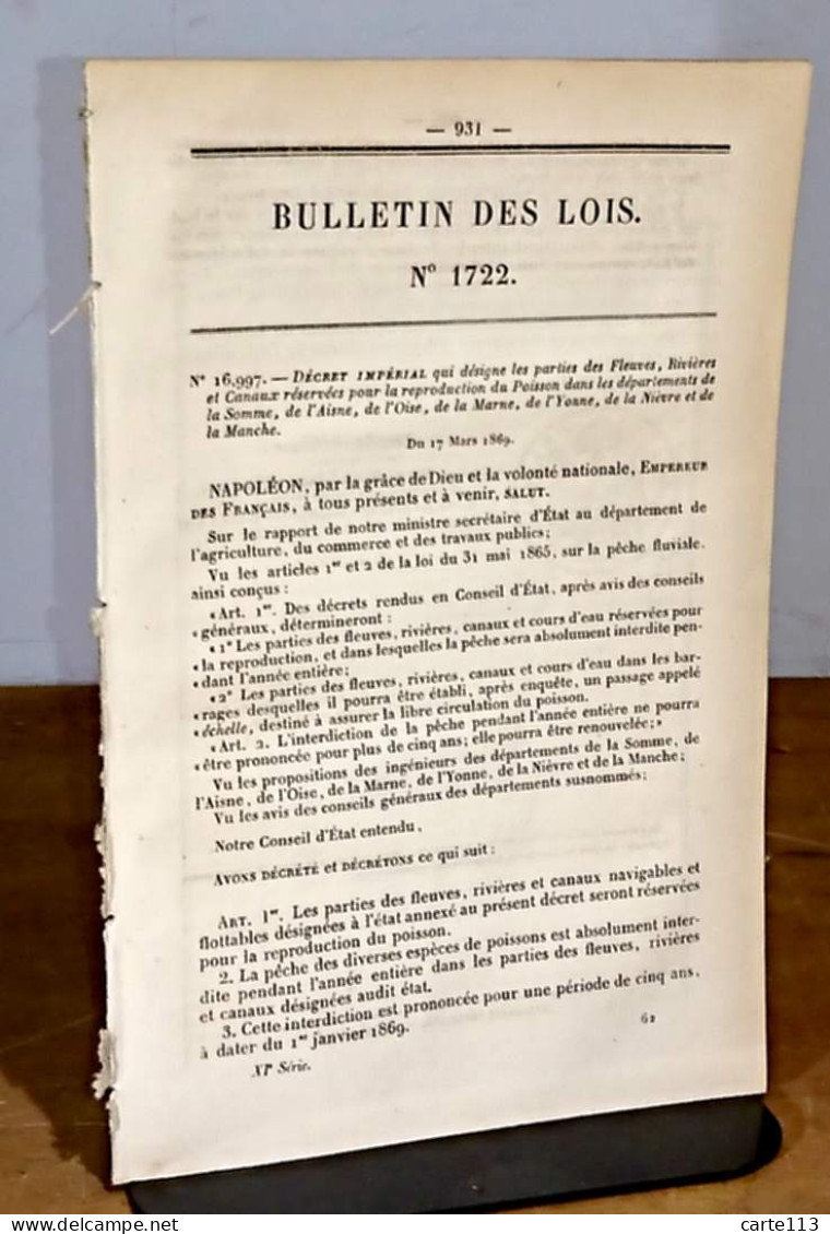 COLLECTIF   - RESERVES POUR LA REPRODUCTION DES POISSONS - BULLETIN DES LOIS DE L'E - 1801-1900