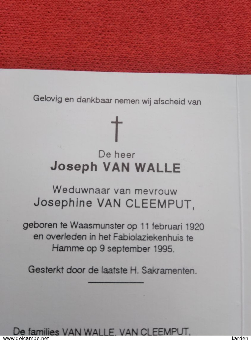 Doodsprentje Joseph Van Walle / Waasmunster 11/2/1920 Hamme 9/9/1995 ( Josephine Van Cleemput ) - Religion & Esotérisme