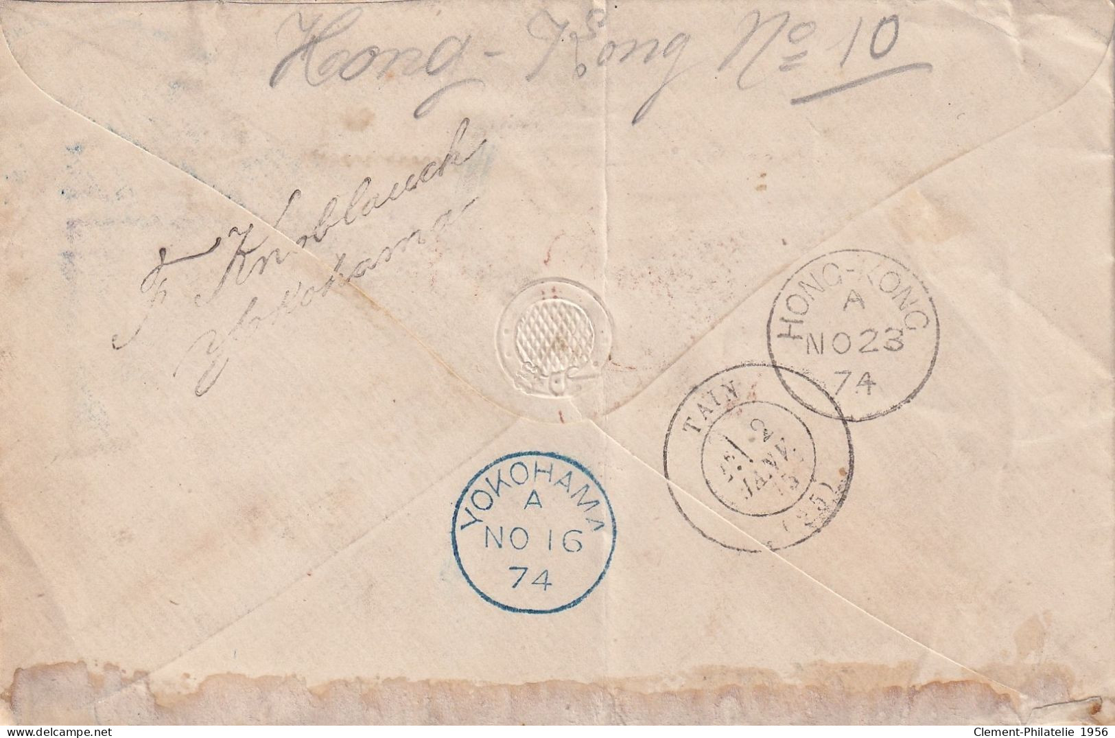 COVER. HONG KONG. 1874. SIX Cents. X 2. (Y1). PD TO FRANCE. VIA YOKOHAMA (F.KNOBLAUCH) - Covers & Documents