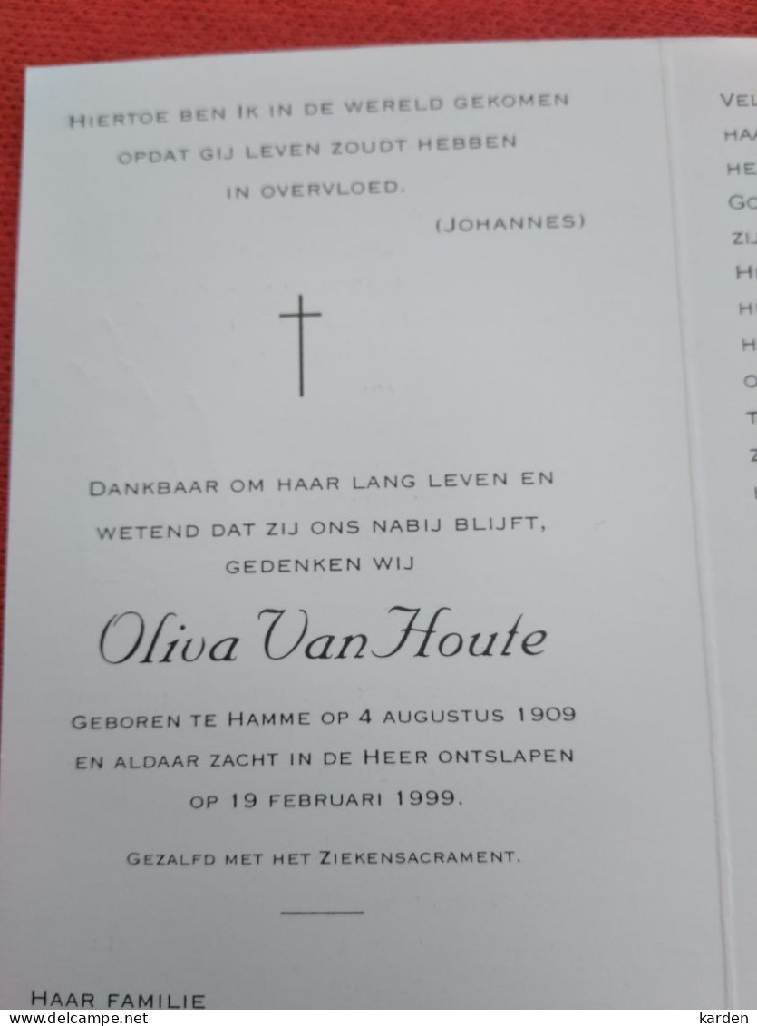 Doodsprentje Olivia Van Houte / Hamme 4/8/1909 - 19/2/1999 ( - Religion & Esotérisme
