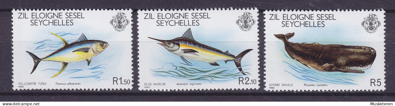 Outer Seychelles 1980 Mi. 20-22 Fish & Whale Fische & Wale, Tuna, Blue Marlin & Sperm Whale Complete Set, MNH** - Seychelles (1976-...)