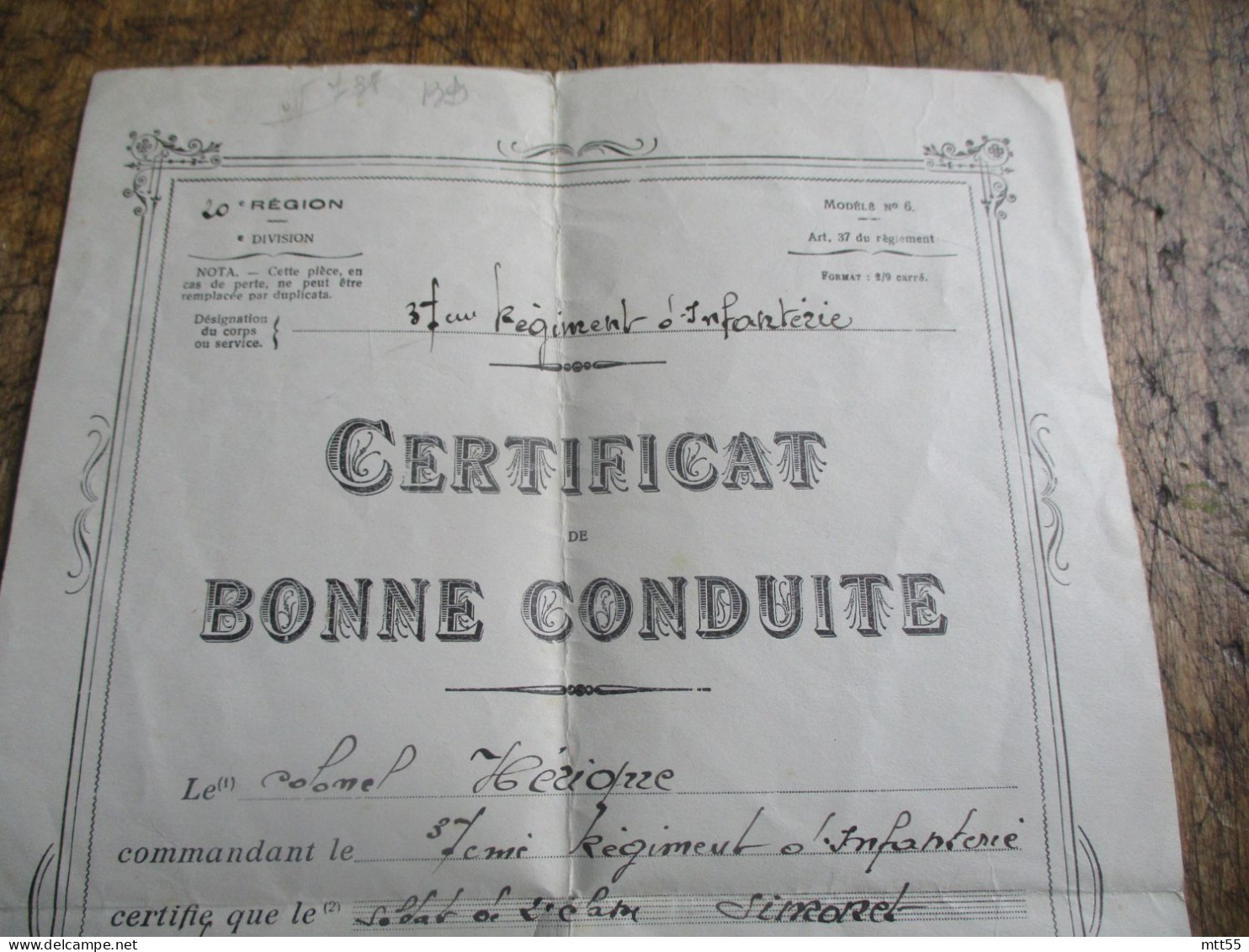 CERTIFICAT BONNE CONDUITE SOLDAT 37 EME REGIMENT INFANTERIE SIGNE COLONEL HERIQUE 1935 - Dokumente