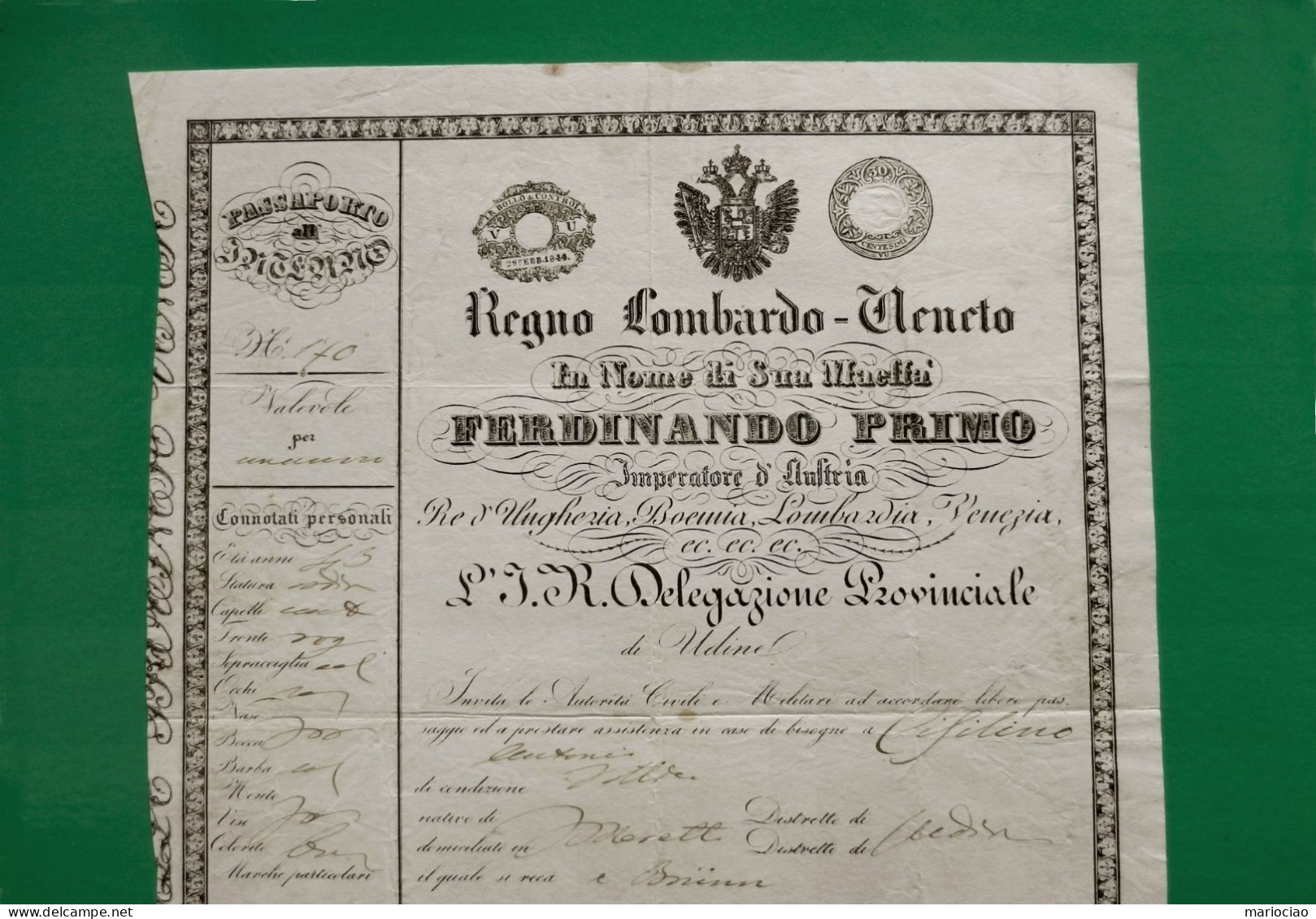 D-IT PASSAPORTO R. Lombardo Veneto 1844 Ferdinando I D'Austria Da Udine A Brïnn (Brno Rep.Ceca) REISEPASS N.170 - Historische Dokumente