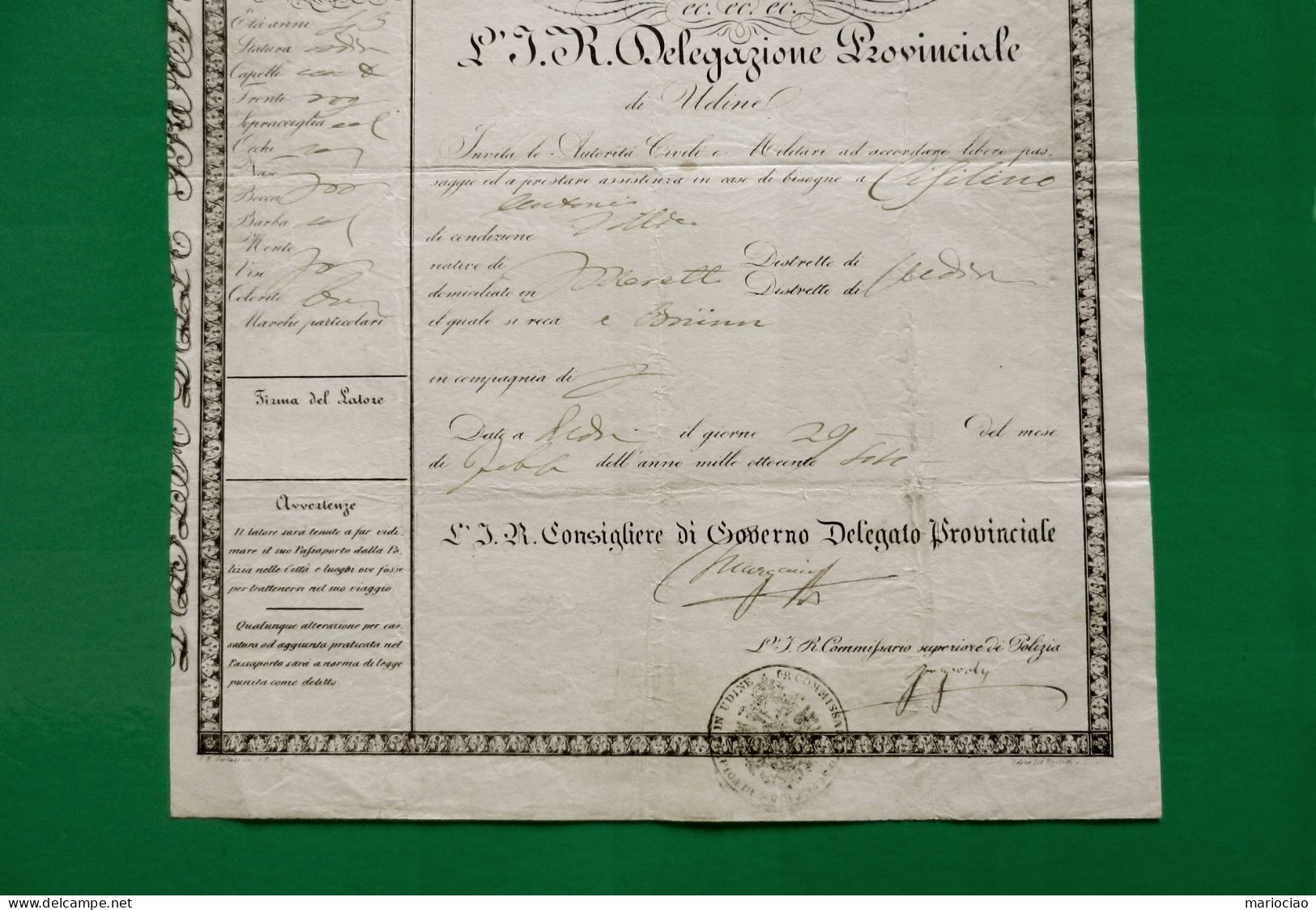 D-IT PASSAPORTO R. Lombardo Veneto 1844 Ferdinando I D'Austria Da Udine A Brïnn (Brno Rep.Ceca) REISEPASS N.170 - Historische Dokumente