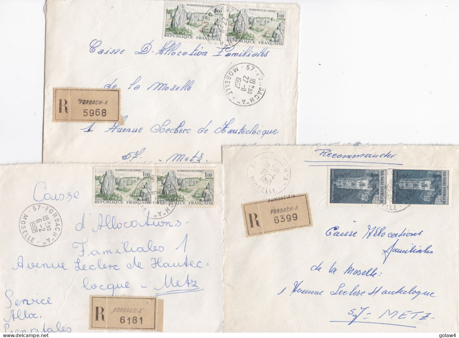 36975# LOT 5 LETTRES FRANCHISE PARTIELLE RECOMMANDE Obl FORBACH "A" MOSELLE MARIENAU 1967 1968 Pour METZ 57 - Covers & Documents