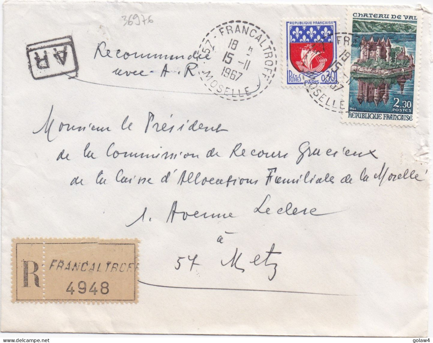 36976# LETTRE FRANCHISE PARTIELLE RECOMMANDE AR ACCUSE RECEPTION Obl FRANCALTROFF MOSELLE 1967 Pour METZ 57 - Cartas & Documentos