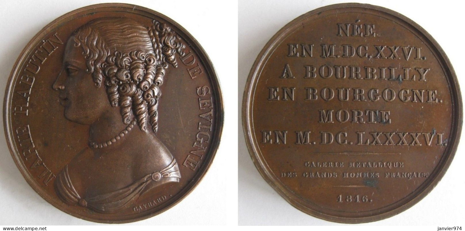 Médaille En Cuivre Marie Rabutin Marquise De Sévigné 1816, Par GAYRARD - Monarquía / Nobleza