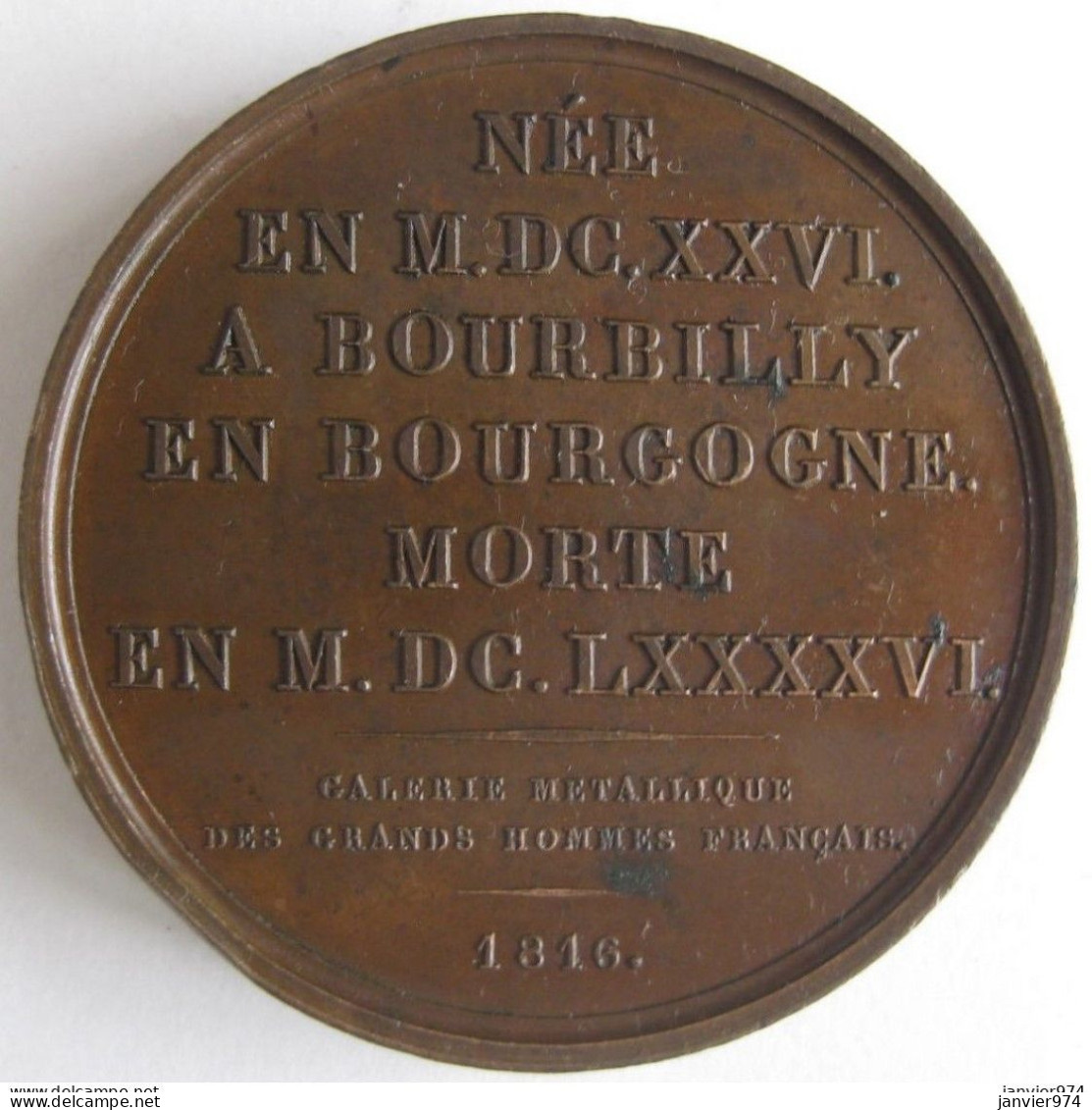Médaille En Cuivre Marie Rabutin Marquise De Sévigné 1816, Par GAYRARD - Monarquía / Nobleza