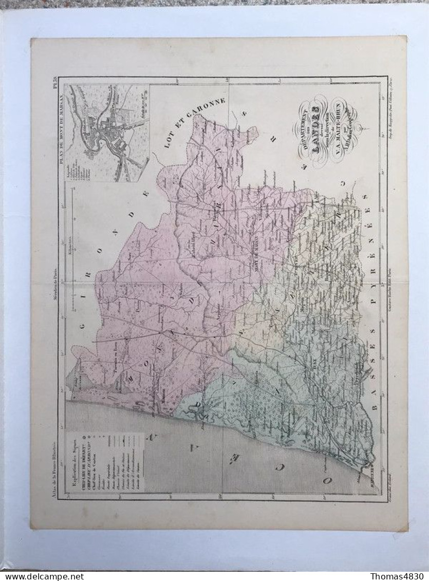 Carte Des Landes / Gravure Originale / Circa 1880 : 37 Cm X 28 Cm - Geographical Maps