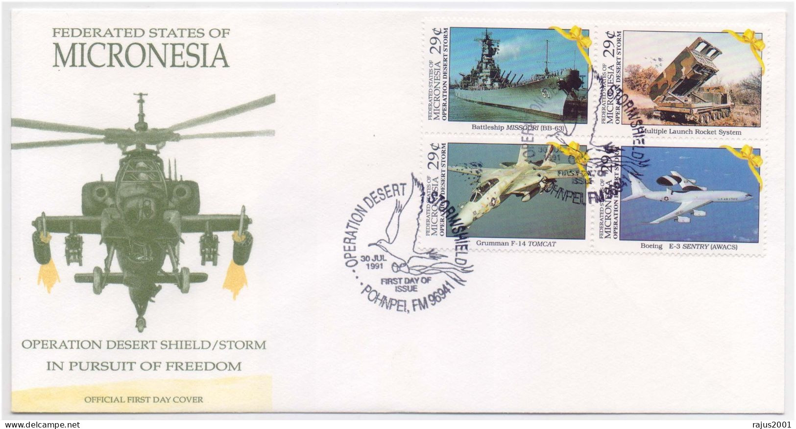 Operation Desert Shield Storm, Fighter Plane, Lockheed Stealth Bomber, Apache Helicopter, Peace, Bird, Micronesia FDC - Elicotteri