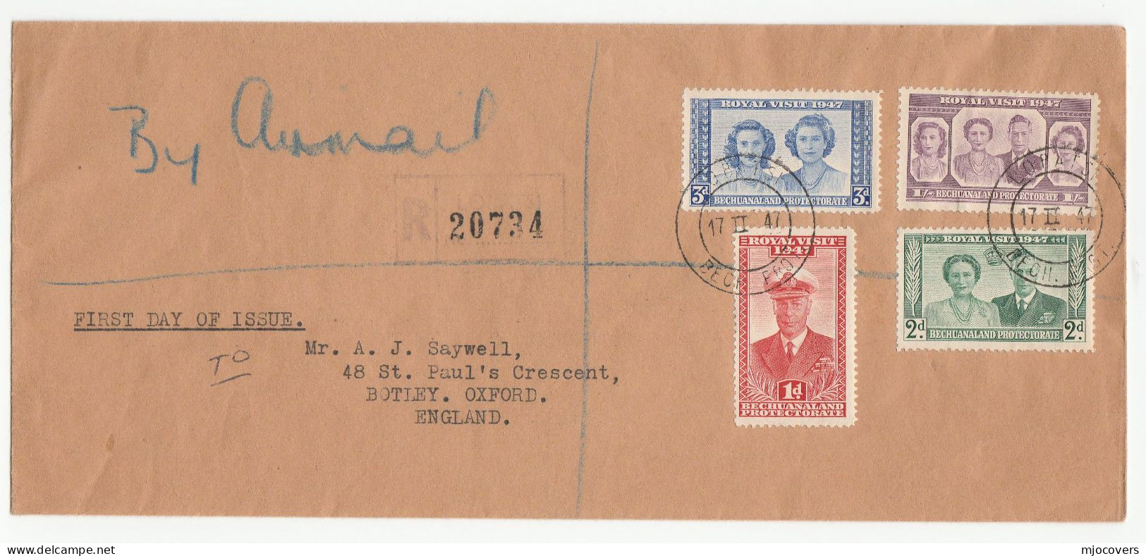 1947 Reg BECHUANALAND Protectorate FDC Royal Visit Stamps Cover To GB Royalty - 1885-1964 Bechuanaland Protectorate